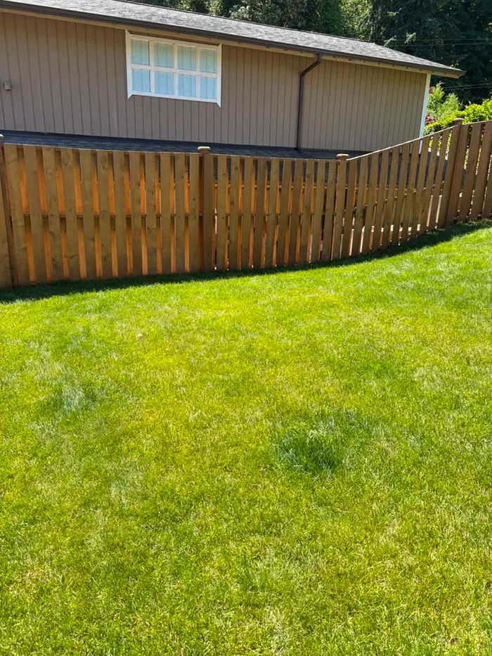 Finished lawn-side fence with warm final stain color